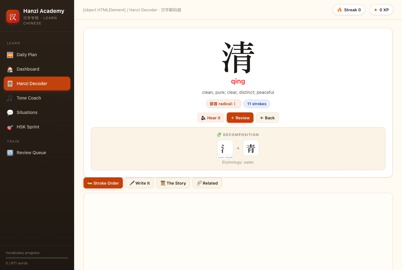 Hanzi decoder: decomposition and stroke order